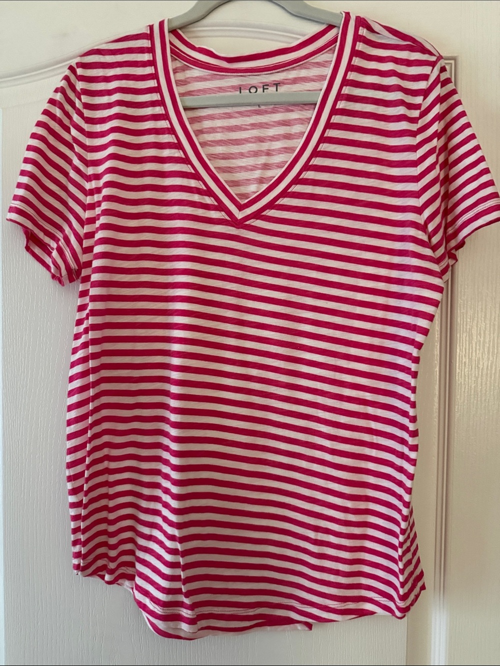 LOFT Pink & White Striped V-Neck Short Sleeve Tee
